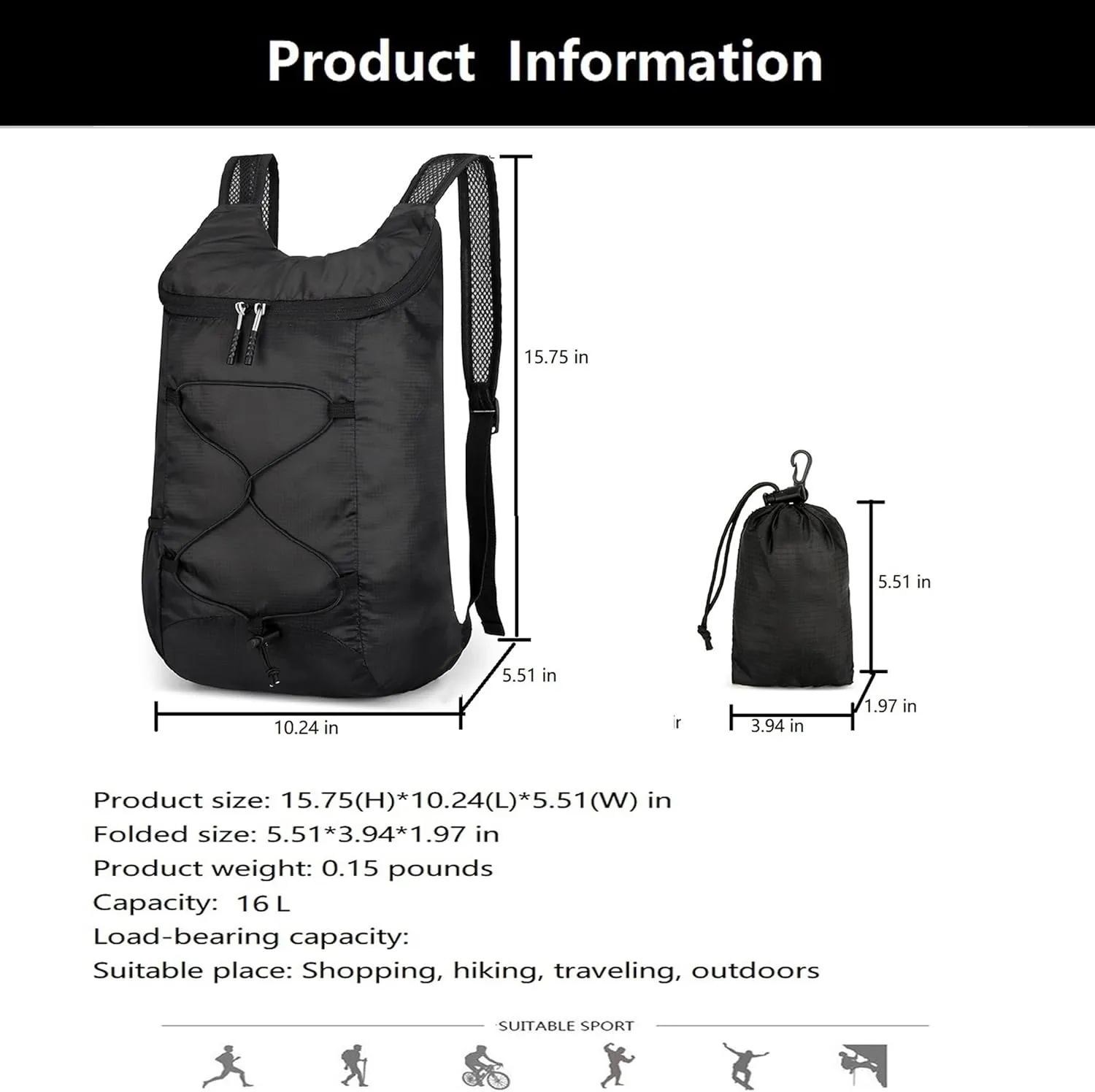 16L Hiking-Daypack Lightweight-Foldable Travel-Backpack Water-Resistant Camping Outdoor Packable Easy Carry-on Bag (Black)