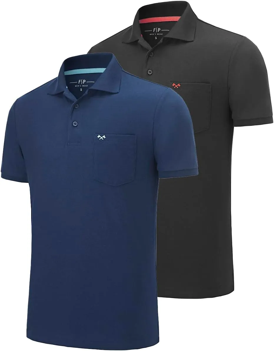 2 Pack Mens Polo Shirts with Pocket Short Sleeve Golf T-Shirt Moisture Wicking Casual Workout Shirts