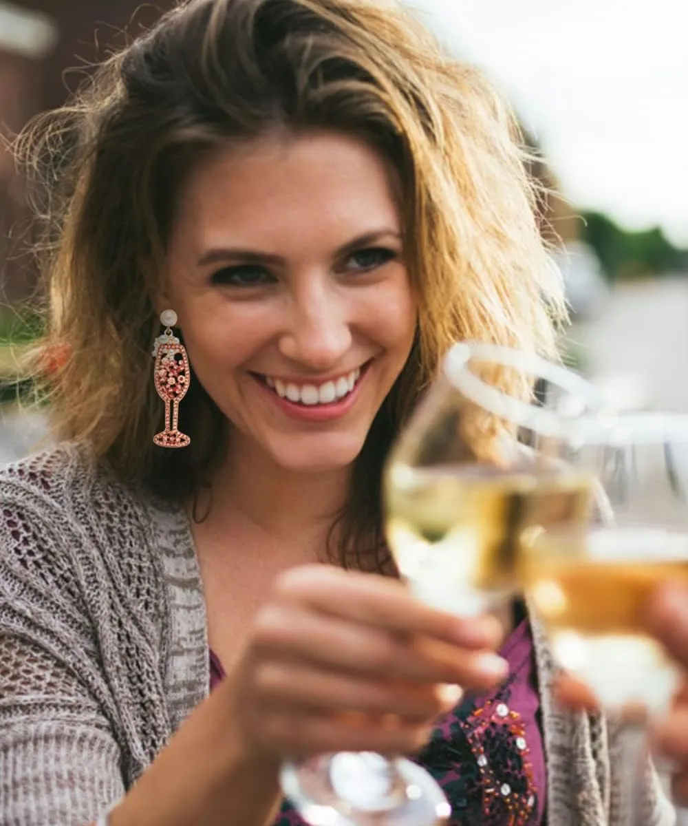 2 Pairs Rhinestone Champagne Bottle Earrings Crystal Wine Glass Dangle Earrings for Women Delicate Champagne Flute Earrings Party Celebration Jewelry Gifts