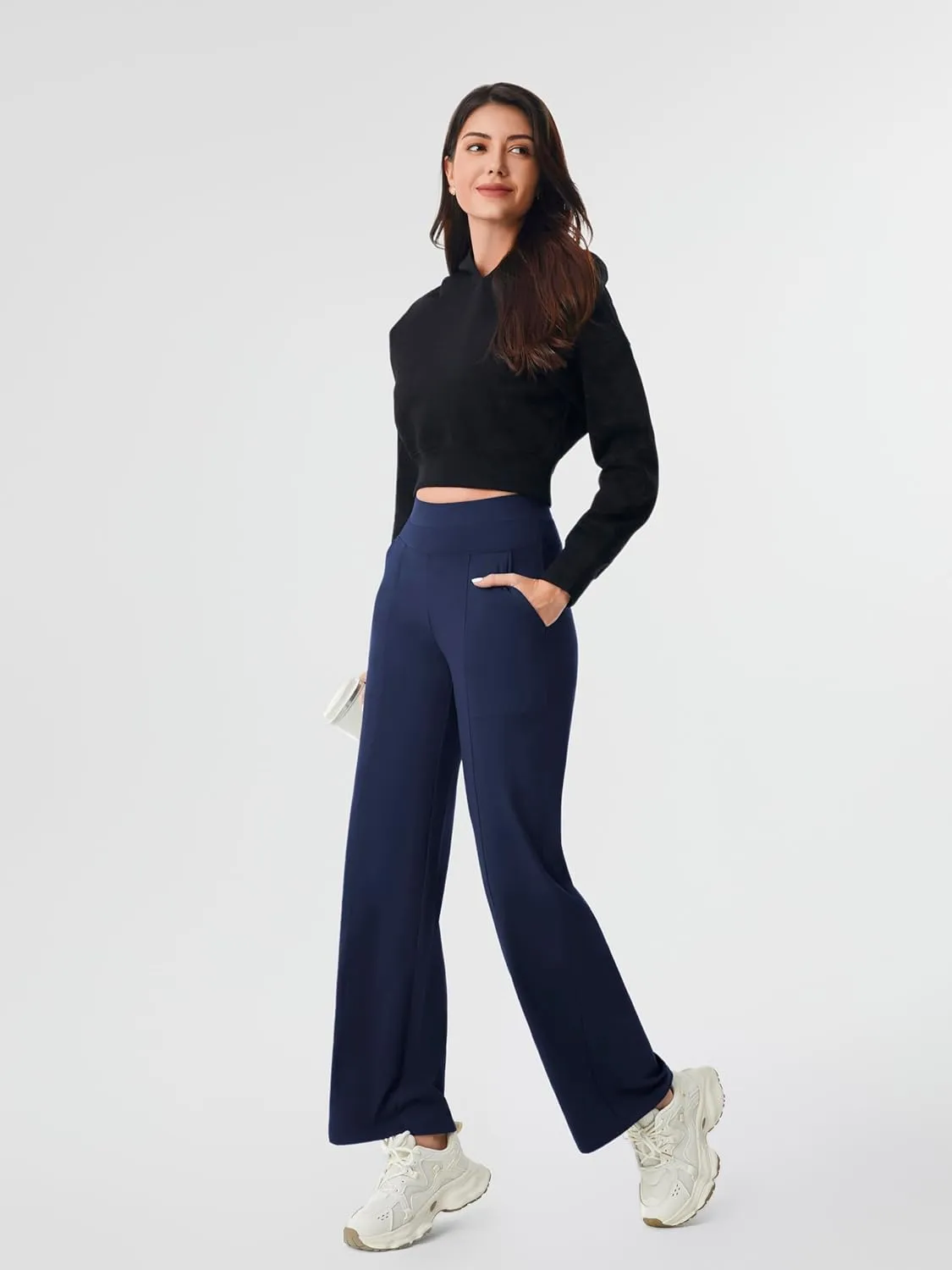 AFITNE Womens Wide Leg Yoga Pants with Pockets 29/31 Stretchy High Waist Pull On Wideleg Pants Casual Lounge Trousers