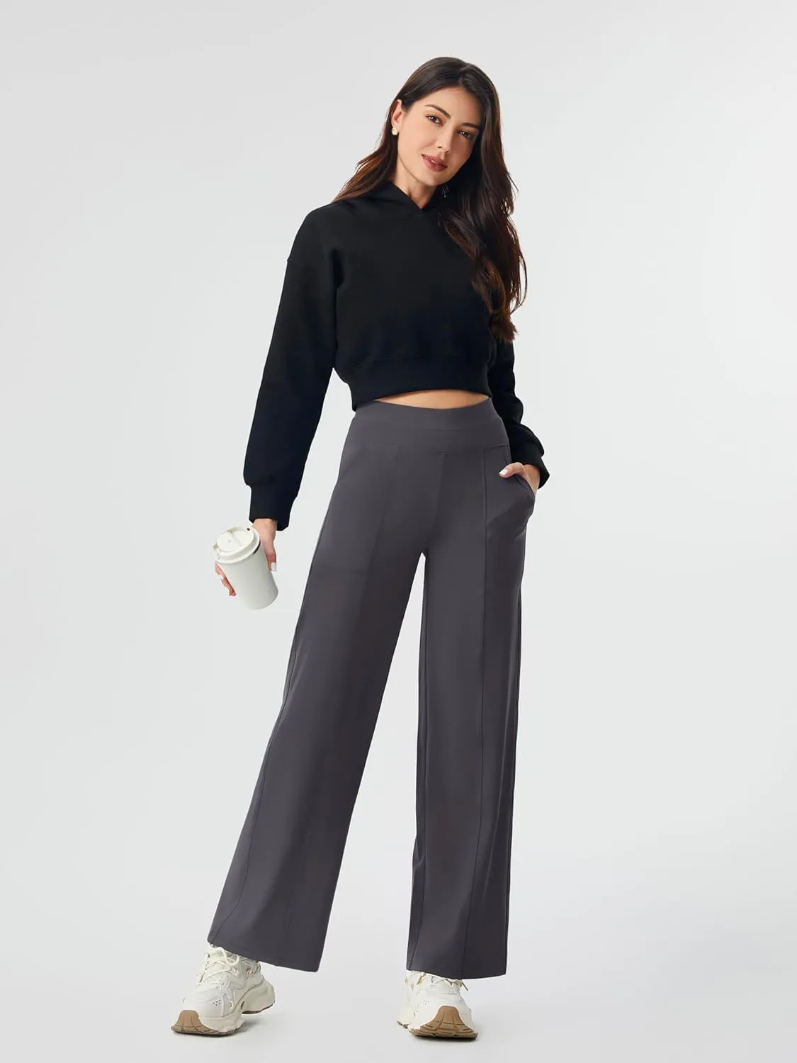 AFITNE Womens Wide Leg Yoga Pants with Pockets 29/31 Stretchy High Waist Pull On Wideleg Pants Casual Lounge Trousers