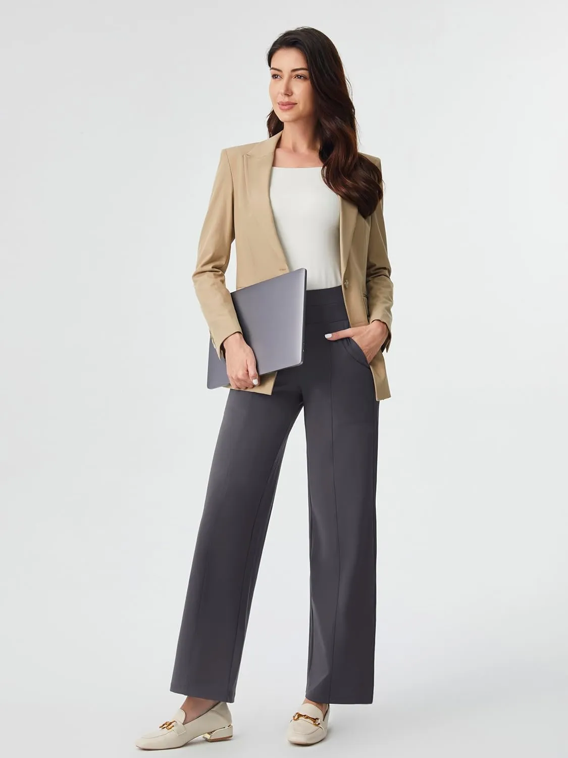 AFITNE Womens Wide Leg Yoga Pants with Pockets 29/31 Stretchy High Waist Pull On Wideleg Pants Casual Lounge Trousers