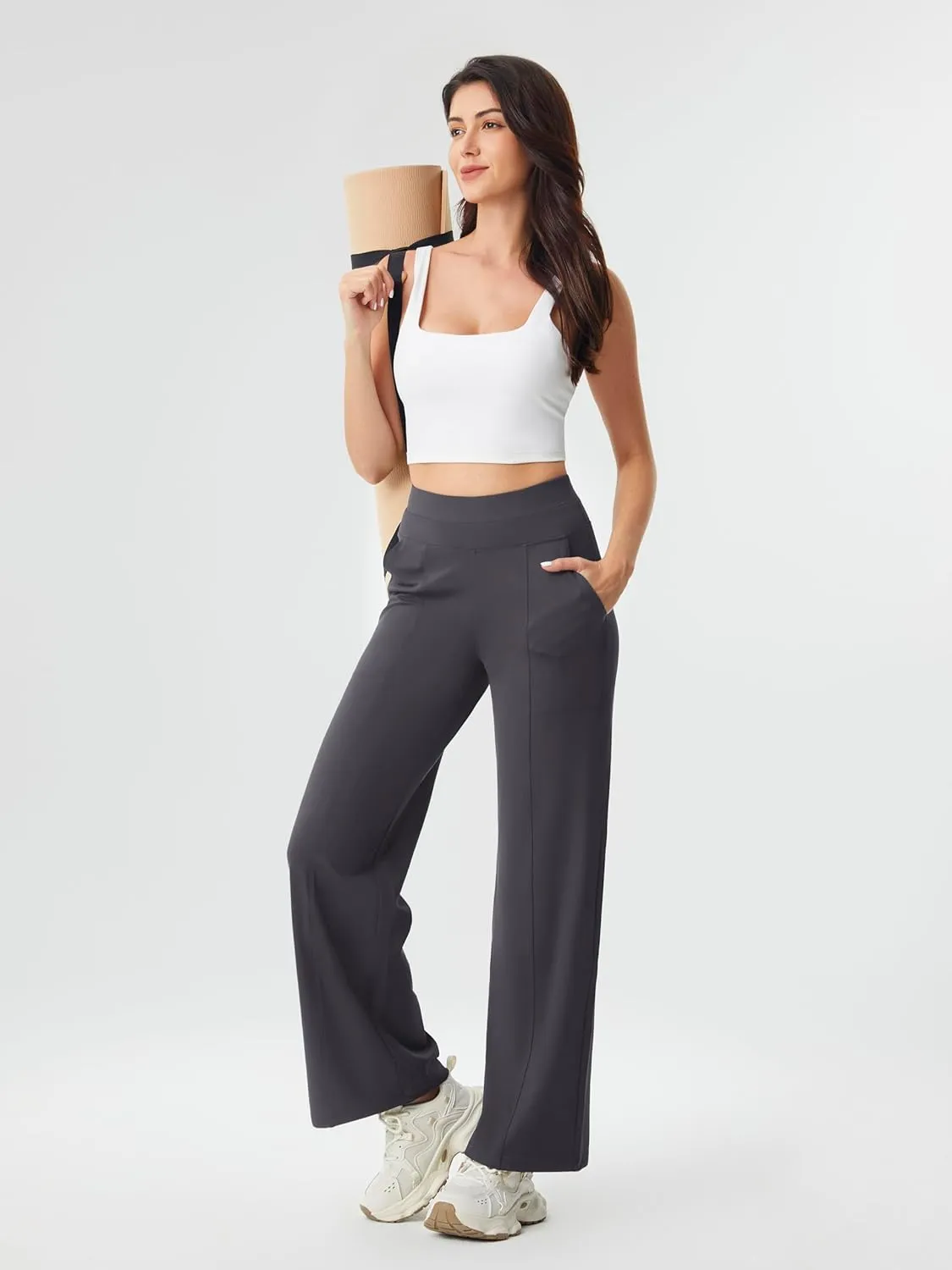 AFITNE Womens Wide Leg Yoga Pants with Pockets 29/31 Stretchy High Waist Pull On Wideleg Pants Casual Lounge Trousers