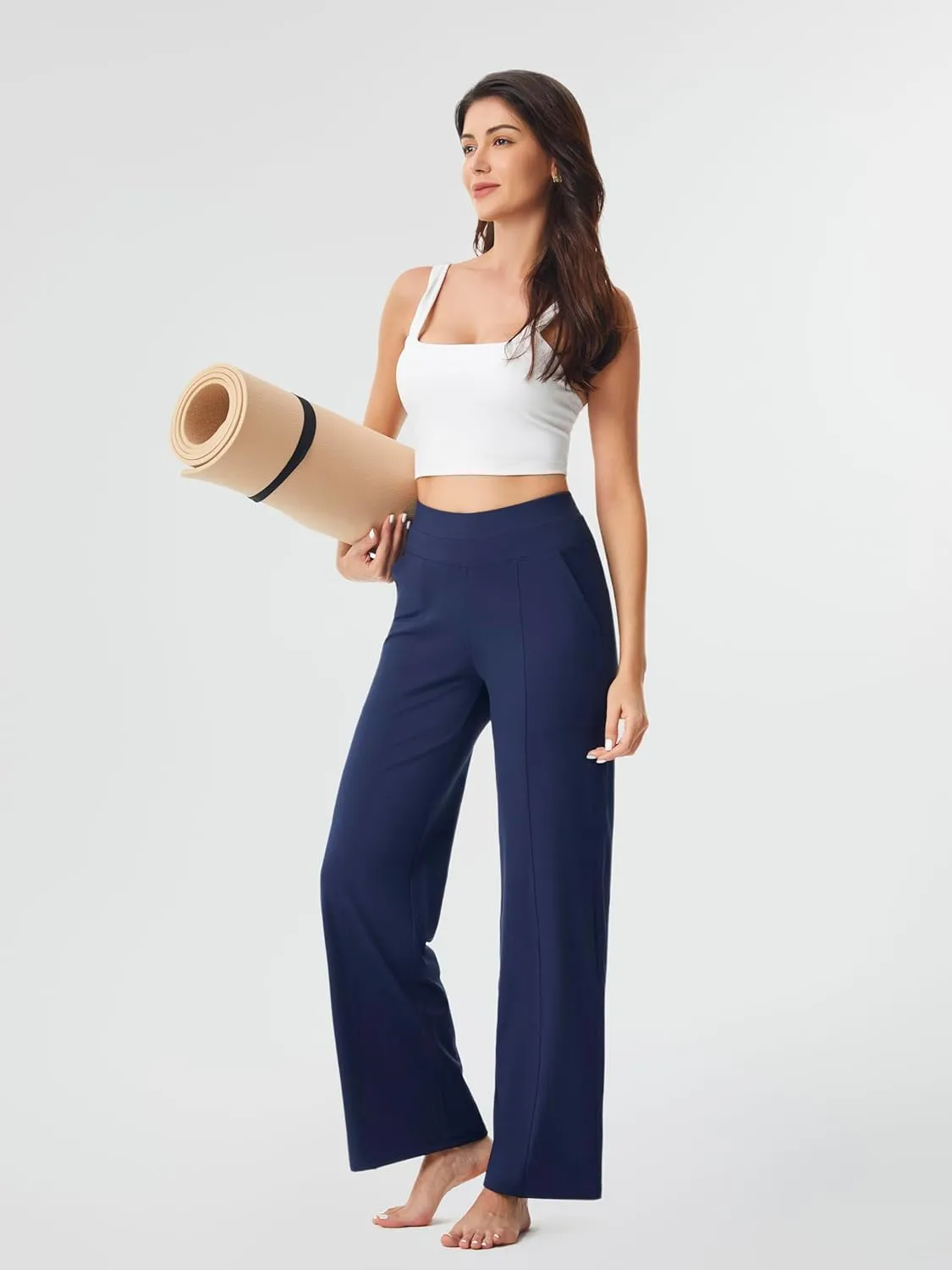 AFITNE Womens Wide Leg Yoga Pants with Pockets 29/31 Stretchy High Waist Pull On Wideleg Pants Casual Lounge Trousers