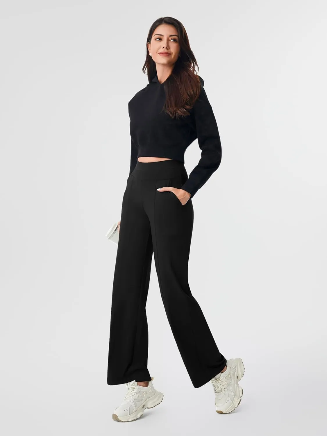 AFITNE Womens Wide Leg Yoga Pants with Pockets 29/31 Stretchy High Waist Pull On Wideleg Pants Casual Lounge Trousers