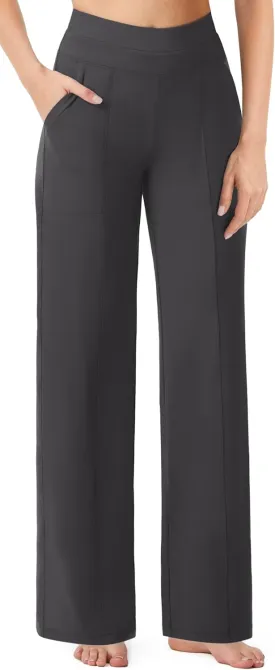AFITNE Womens Wide Leg Yoga Pants with Pockets 29/31 Stretchy High Waist Pull On Wideleg Pants Casual Lounge Trousers