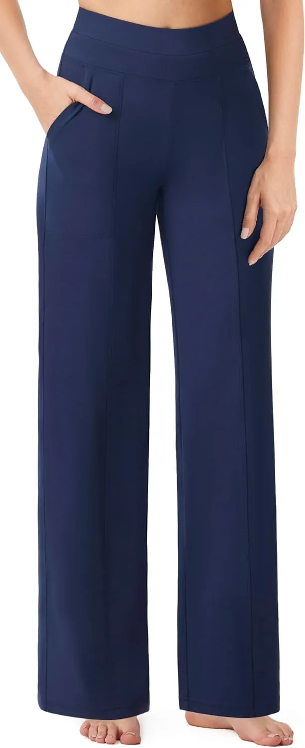 AFITNE Womens Wide Leg Yoga Pants with Pockets 29/31 Stretchy High Waist Pull On Wideleg Pants Casual Lounge Trousers