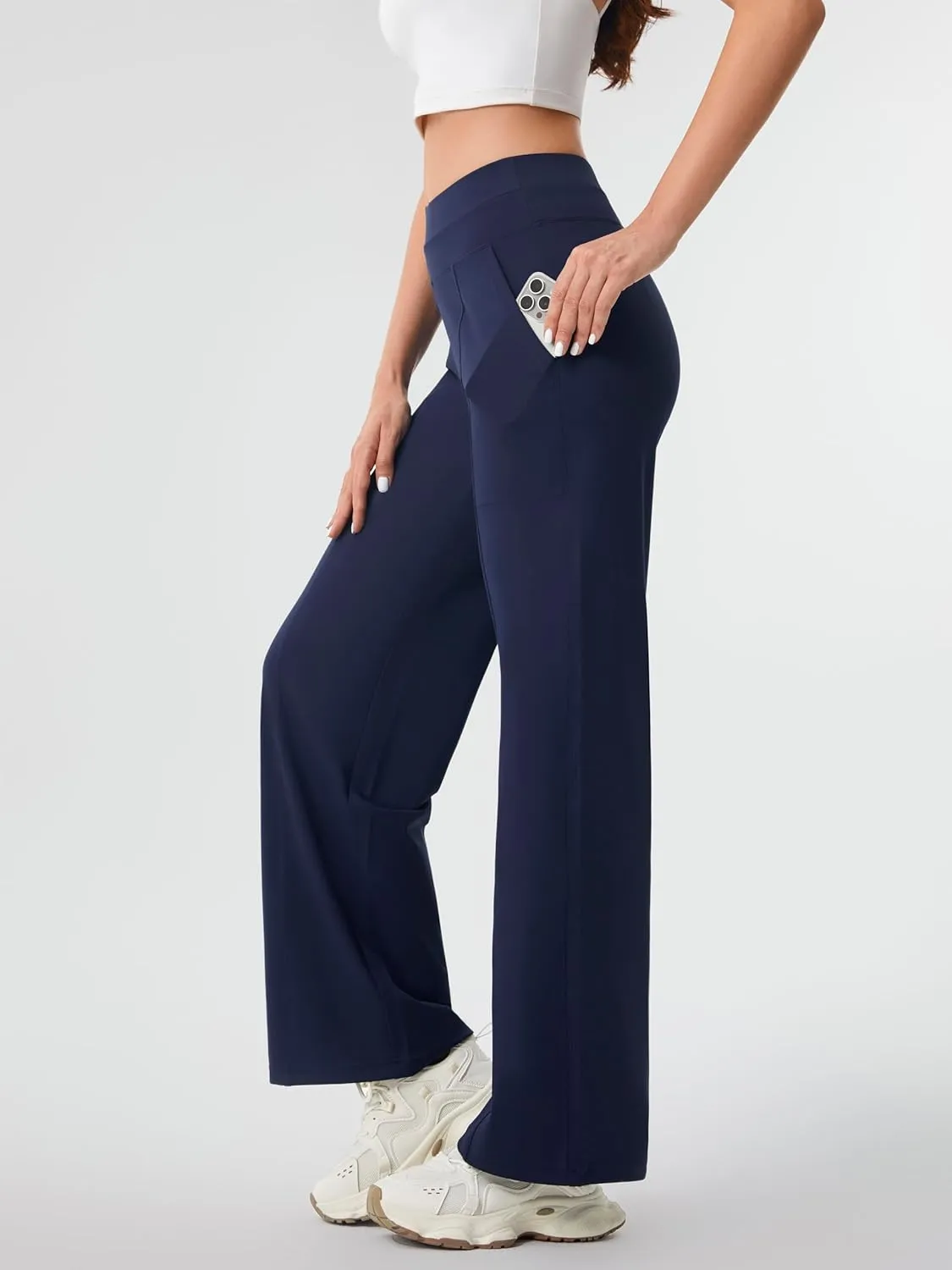 AFITNE Womens Wide Leg Yoga Pants with Pockets 29/31 Stretchy High Waist Pull On Wideleg Pants Casual Lounge Trousers