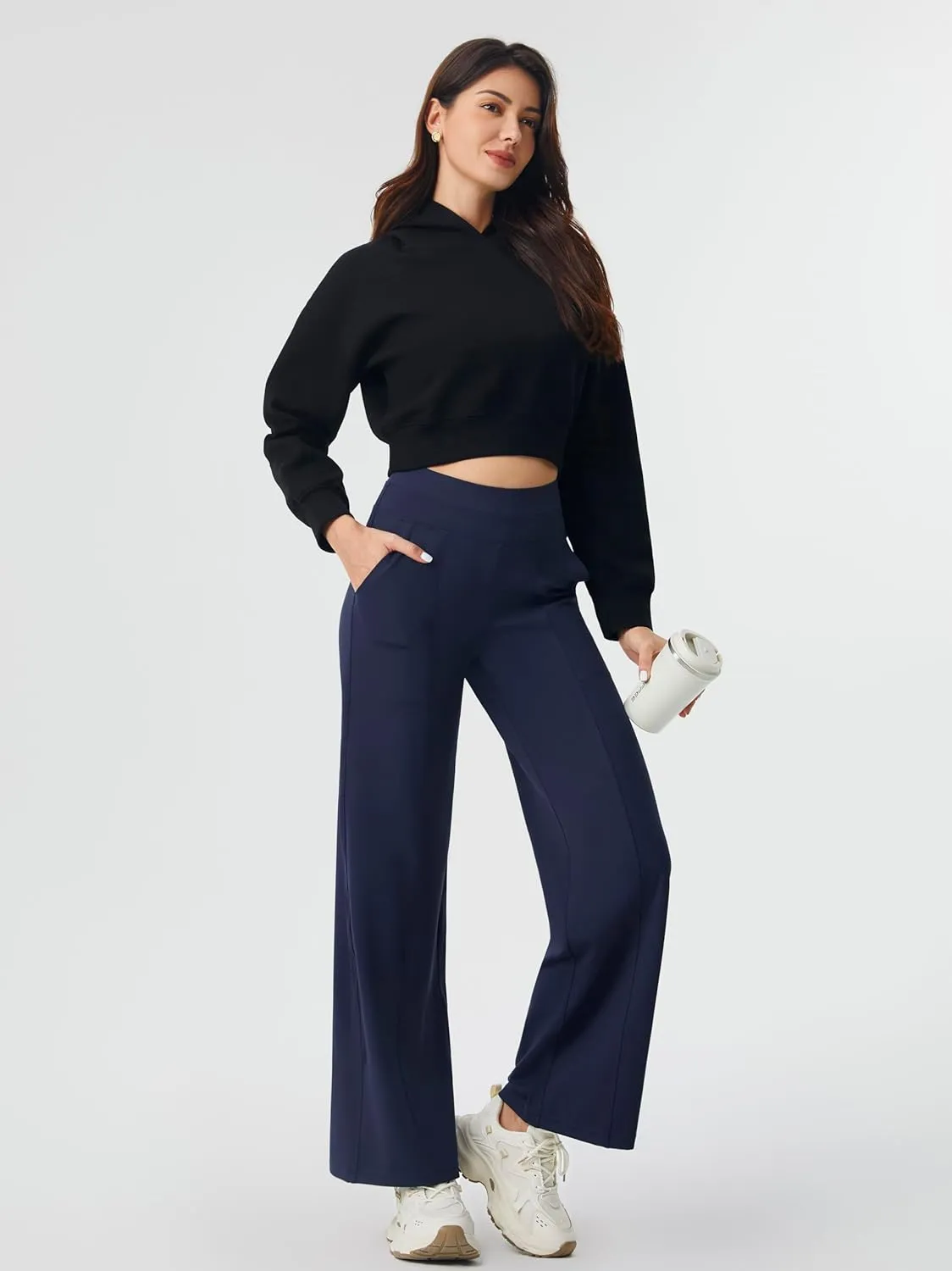 AFITNE Womens Wide Leg Yoga Pants with Pockets 29/31 Stretchy High Waist Pull On Wideleg Pants Casual Lounge Trousers