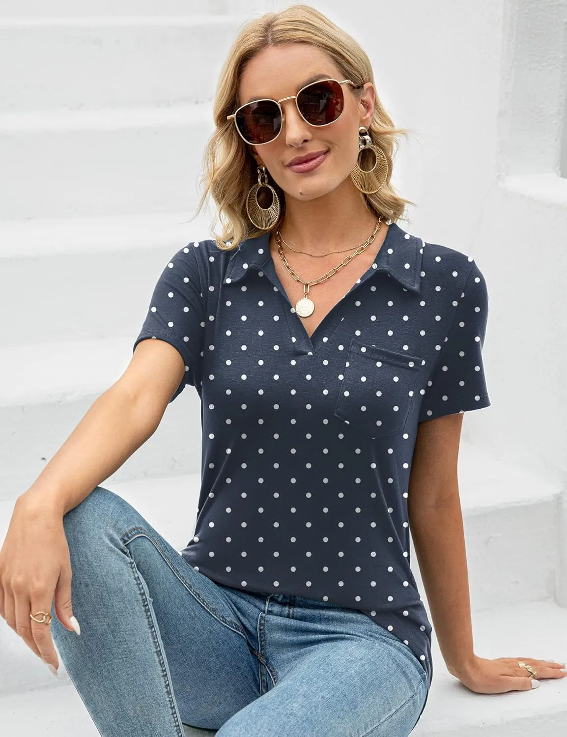 AKEWEI Womens V Neck Polo Shirts Short Sleeve Collared Tops Loose Casual Tunic Blouses with Pocket