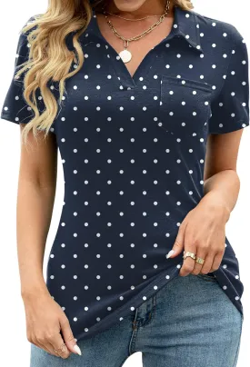 AKEWEI Womens V Neck Polo Shirts Short Sleeve Collared Tops Loose Casual Tunic Blouses with Pocket