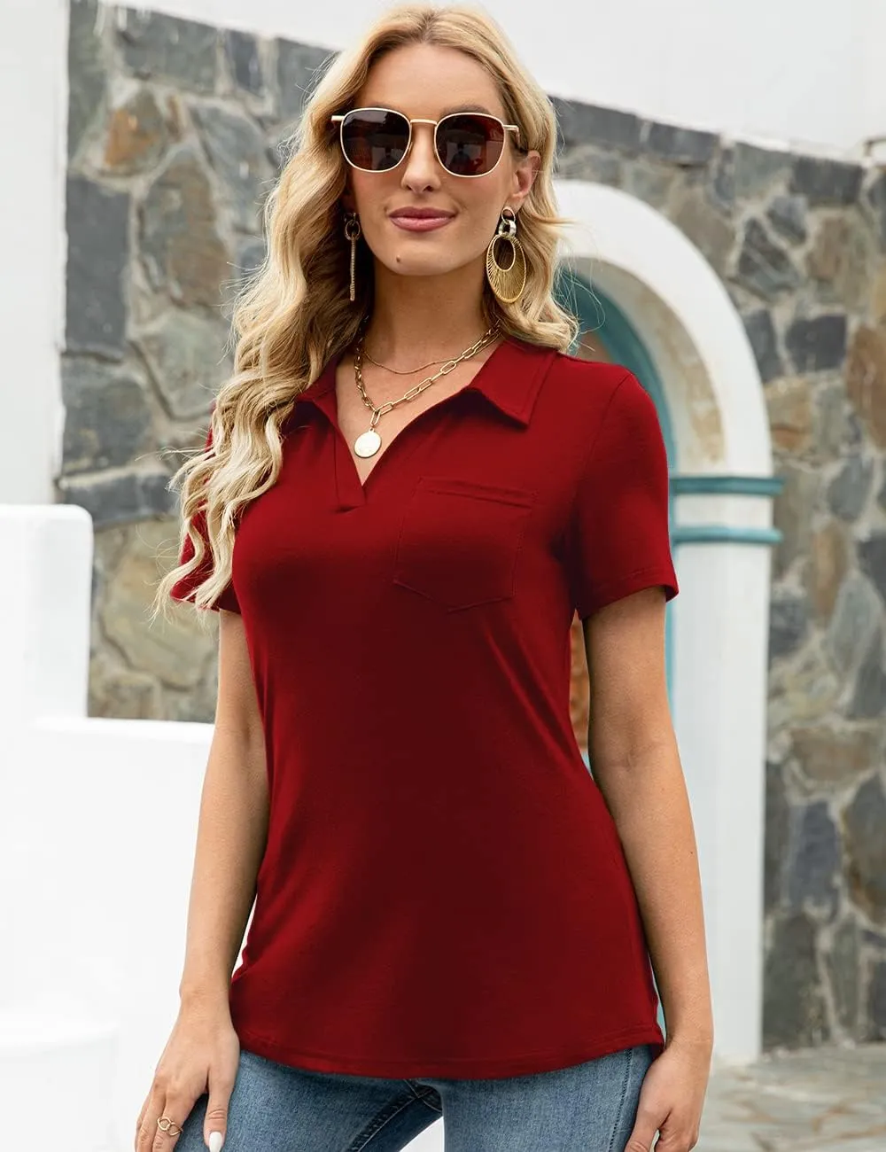AKEWEI Womens V Neck Polo Shirts Short Sleeve Collared Tops Loose Casual Tunic Blouses with Pocket