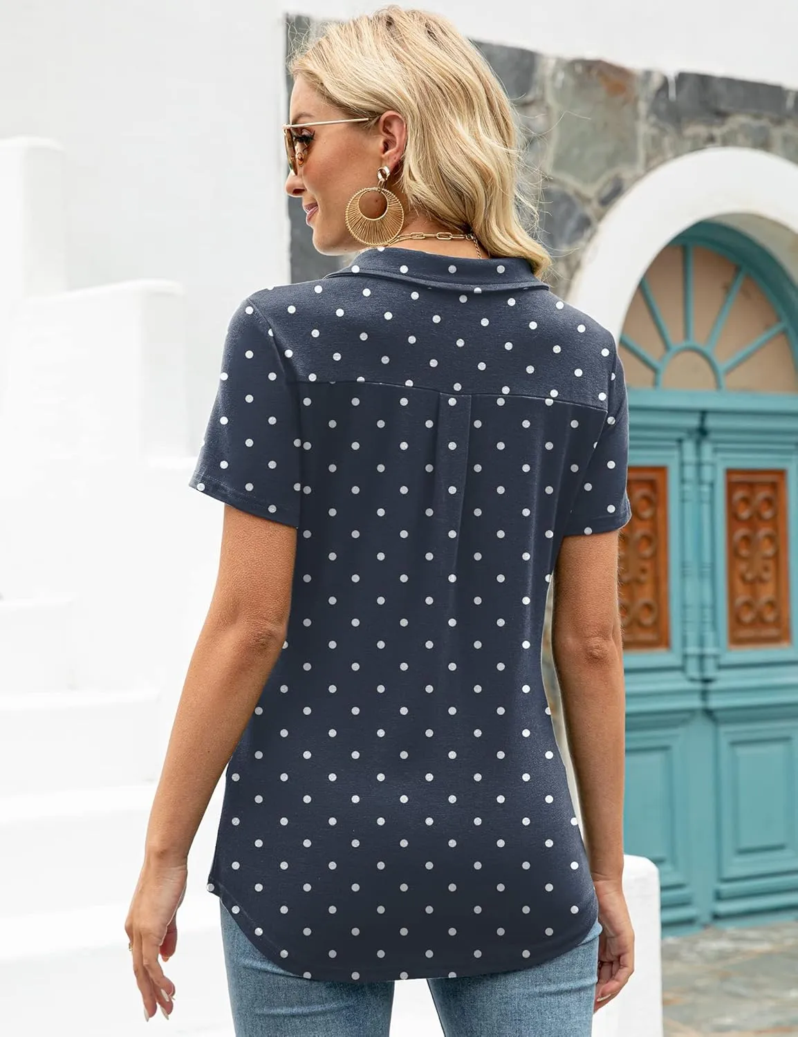 AKEWEI Womens V Neck Polo Shirts Short Sleeve Collared Tops Loose Casual Tunic Blouses with Pocket