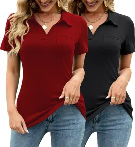 AKEWEI Womens V Neck Polo Shirts Short Sleeve Collared Tops Loose Casual Tunic Blouses with Pocket