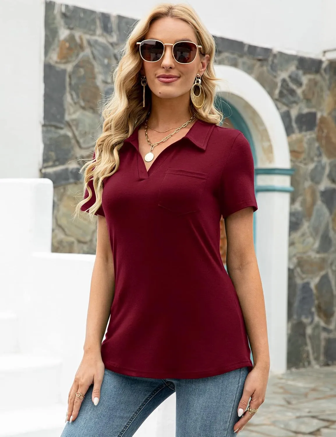 AKEWEI Womens V Neck Polo Shirts Short Sleeve Collared Tops Loose Casual Tunic Blouses with Pocket