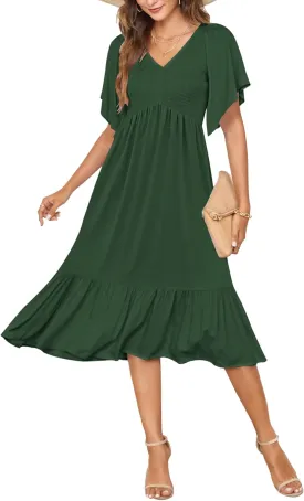 AUSELILY Women's Summer Empire Waist Dress Smocked Flutter Short Sleeve V Neck Midi Dresses 2025 New