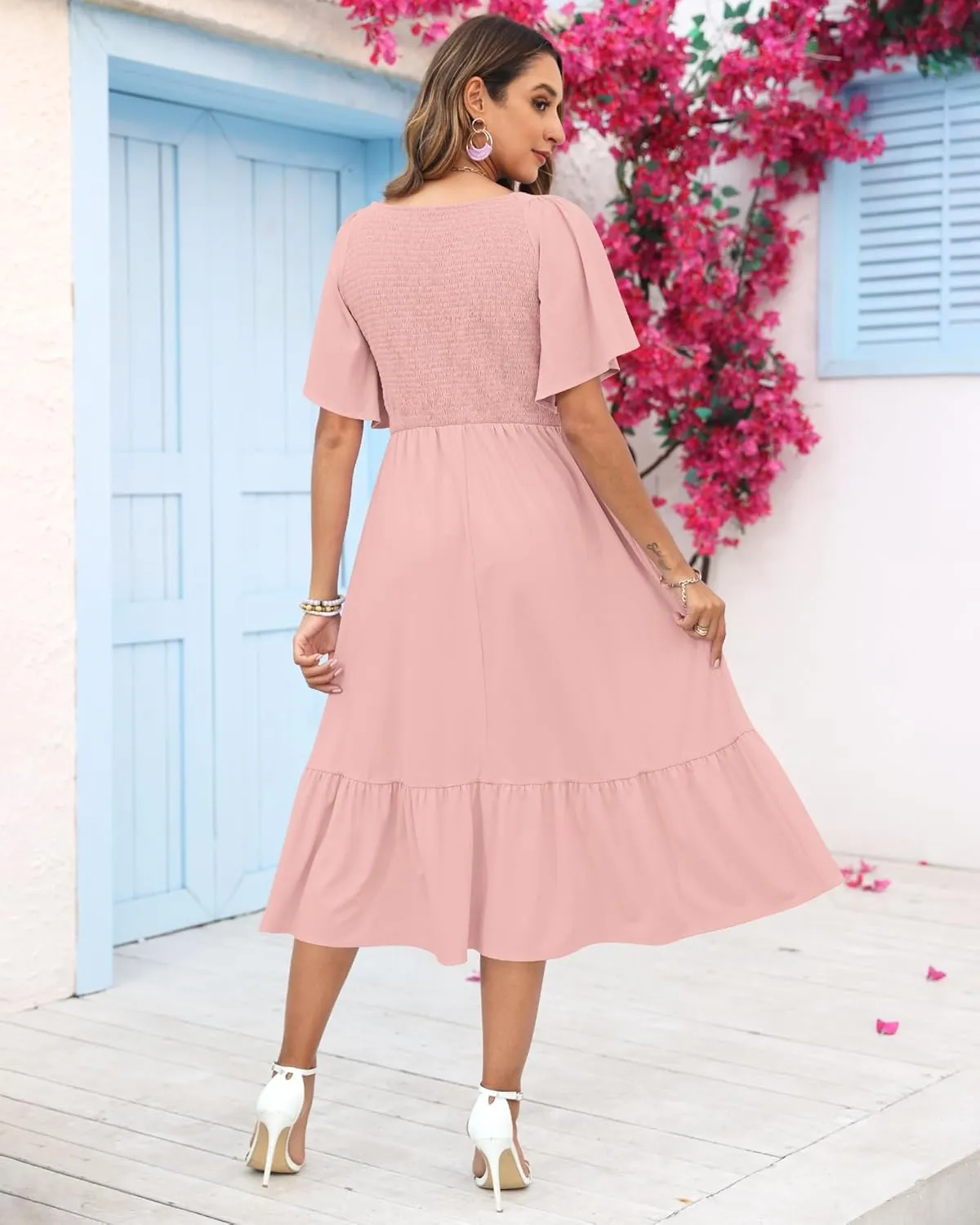 AUSELILY Women's Summer Empire Waist Dress Smocked Flutter Short Sleeve V Neck Midi Dresses 2025 New