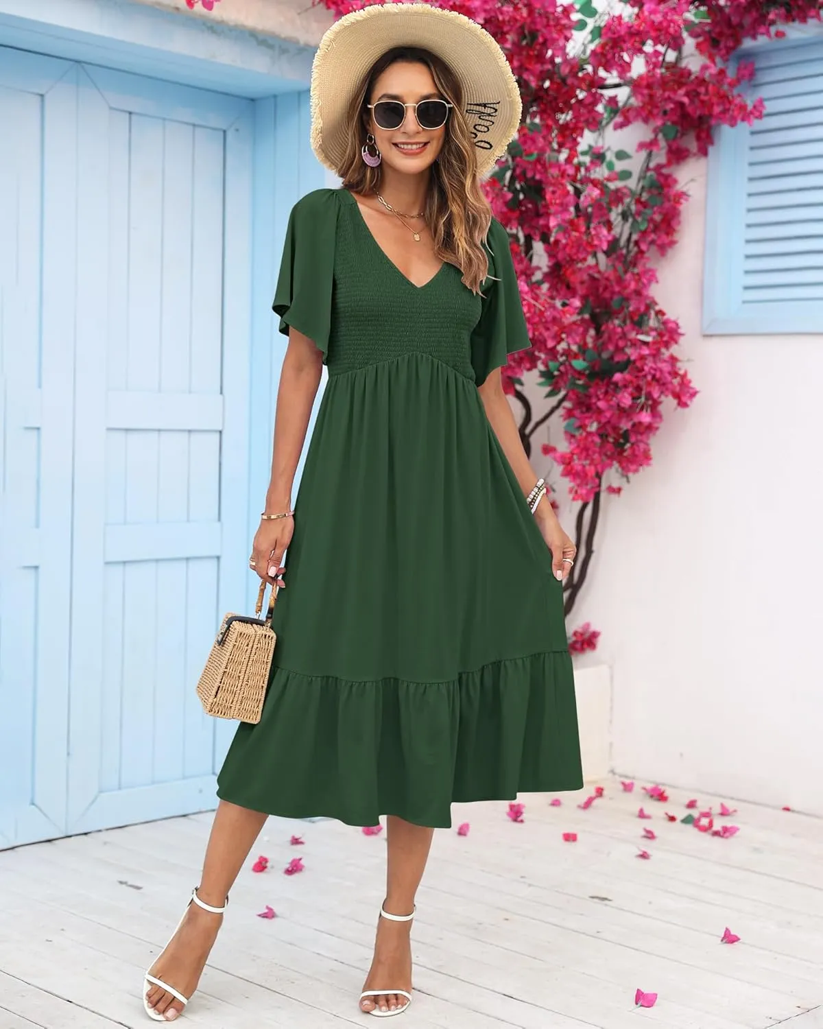 AUSELILY Women's Summer Empire Waist Dress Smocked Flutter Short Sleeve V Neck Midi Dresses 2025 New