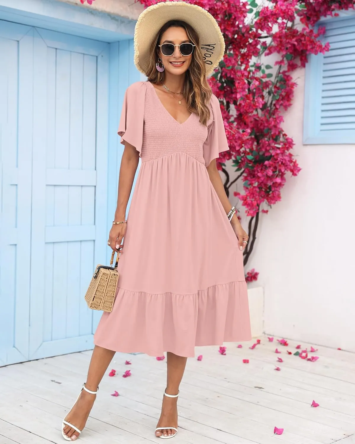 AUSELILY Women's Summer Empire Waist Dress Smocked Flutter Short Sleeve V Neck Midi Dresses 2025 New