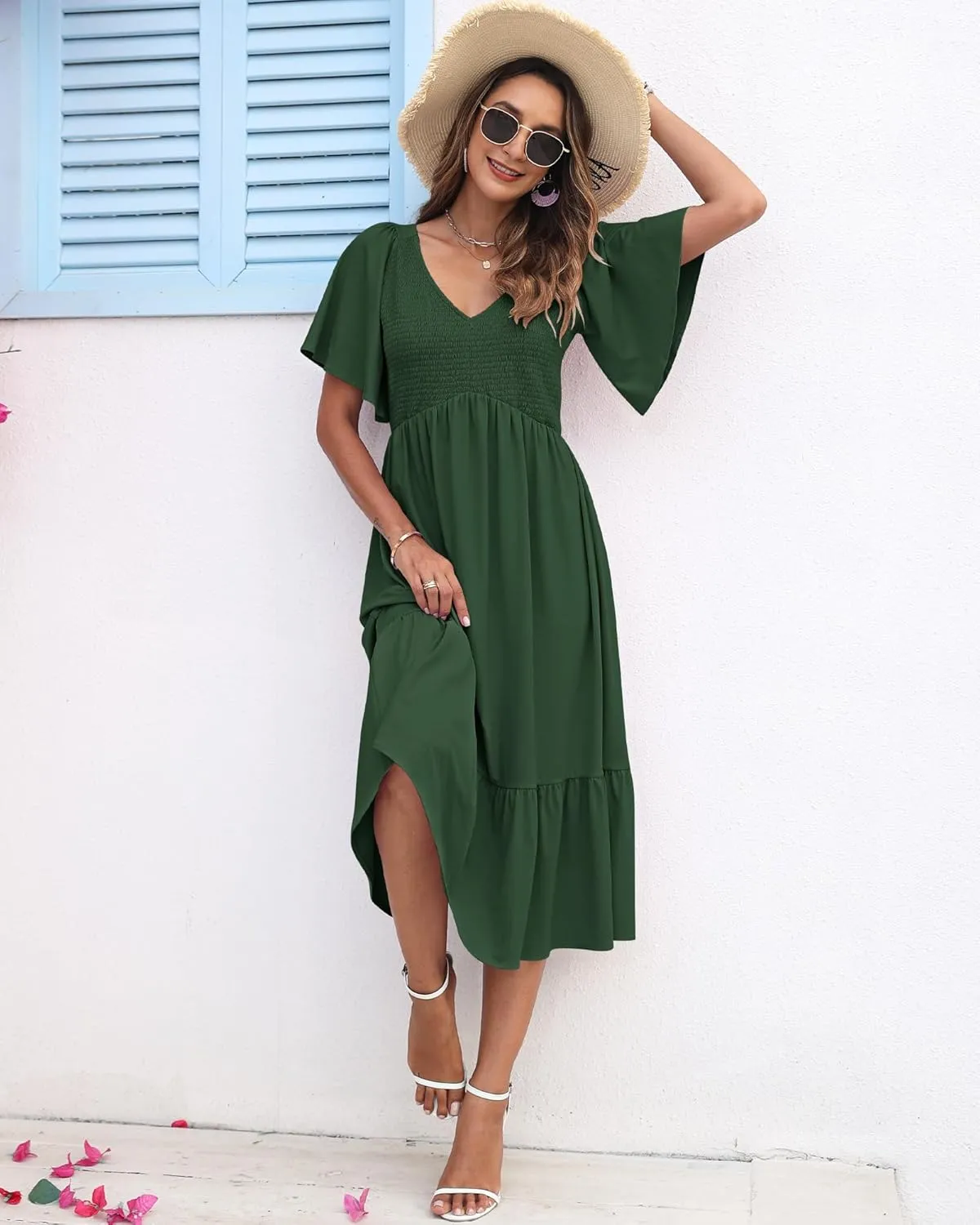 AUSELILY Women's Summer Empire Waist Dress Smocked Flutter Short Sleeve V Neck Midi Dresses 2025 New