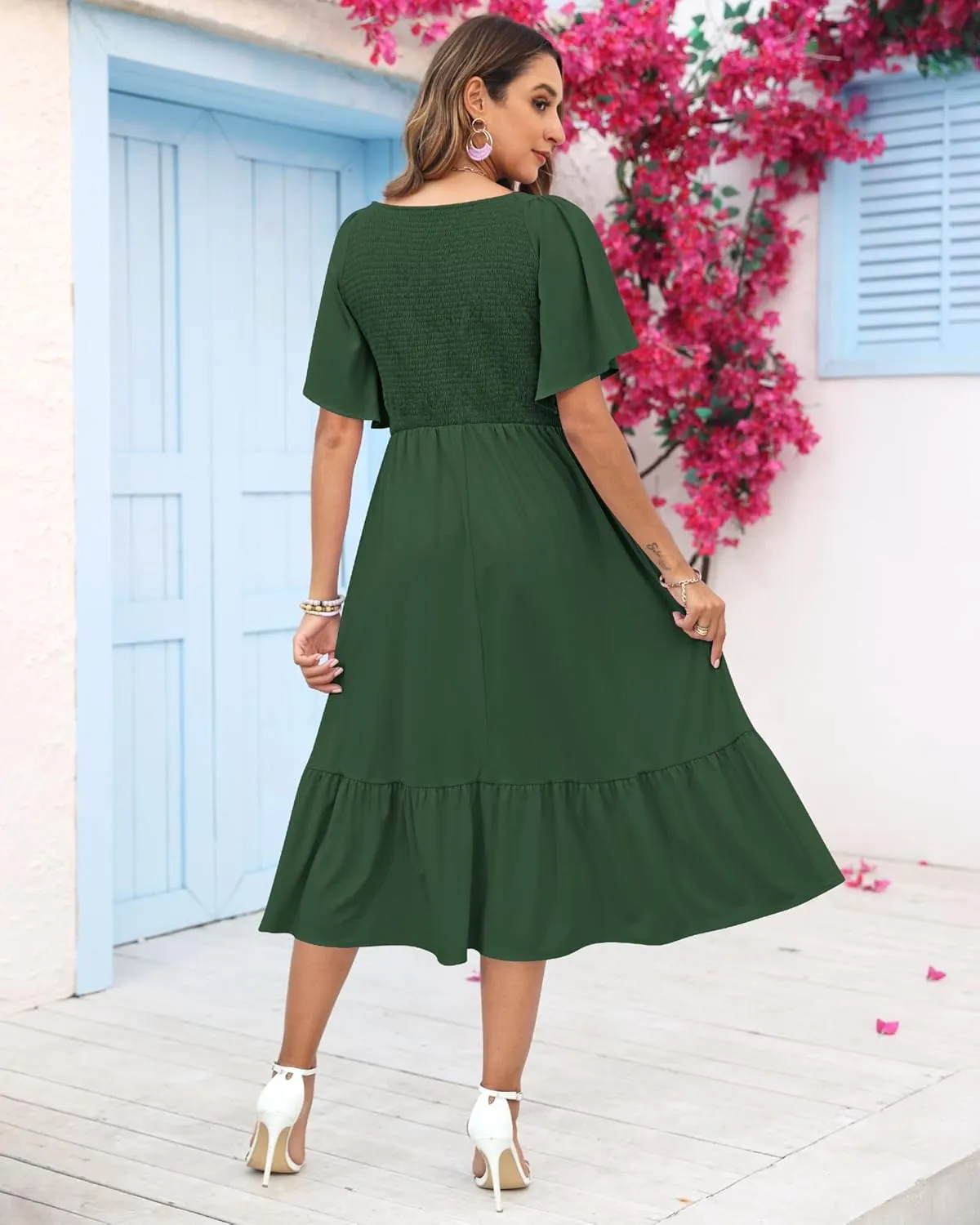 AUSELILY Women's Summer Empire Waist Dress Smocked Flutter Short Sleeve V Neck Midi Dresses 2025 New