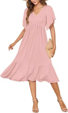 AUSELILY Women's Summer Empire Waist Dress Smocked Flutter Short Sleeve V Neck Midi Dresses 2025 New