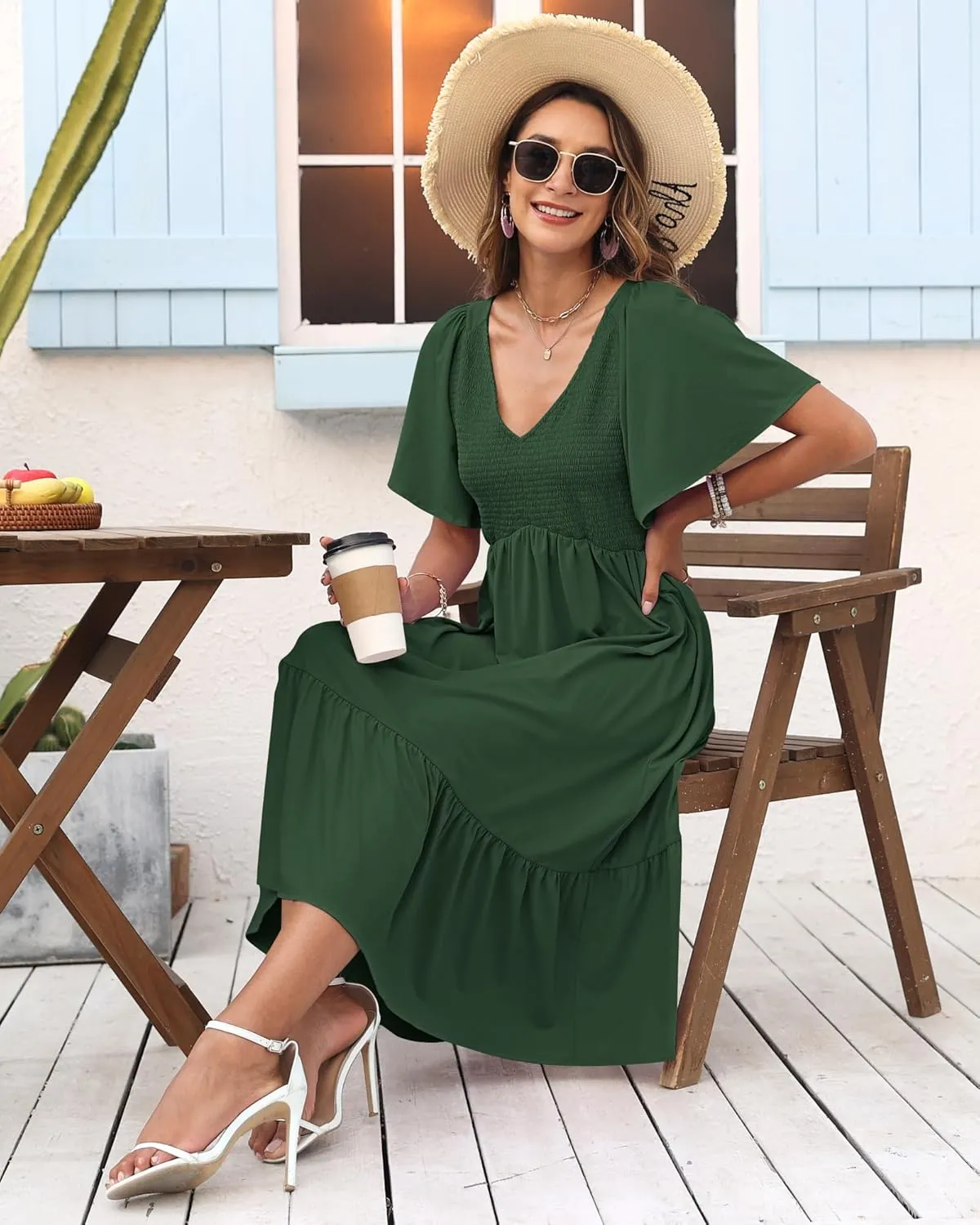 AUSELILY Women's Summer Empire Waist Dress Smocked Flutter Short Sleeve V Neck Midi Dresses 2025 New