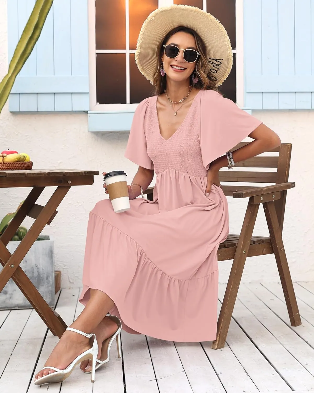 AUSELILY Women's Summer Empire Waist Dress Smocked Flutter Short Sleeve V Neck Midi Dresses 2025 New