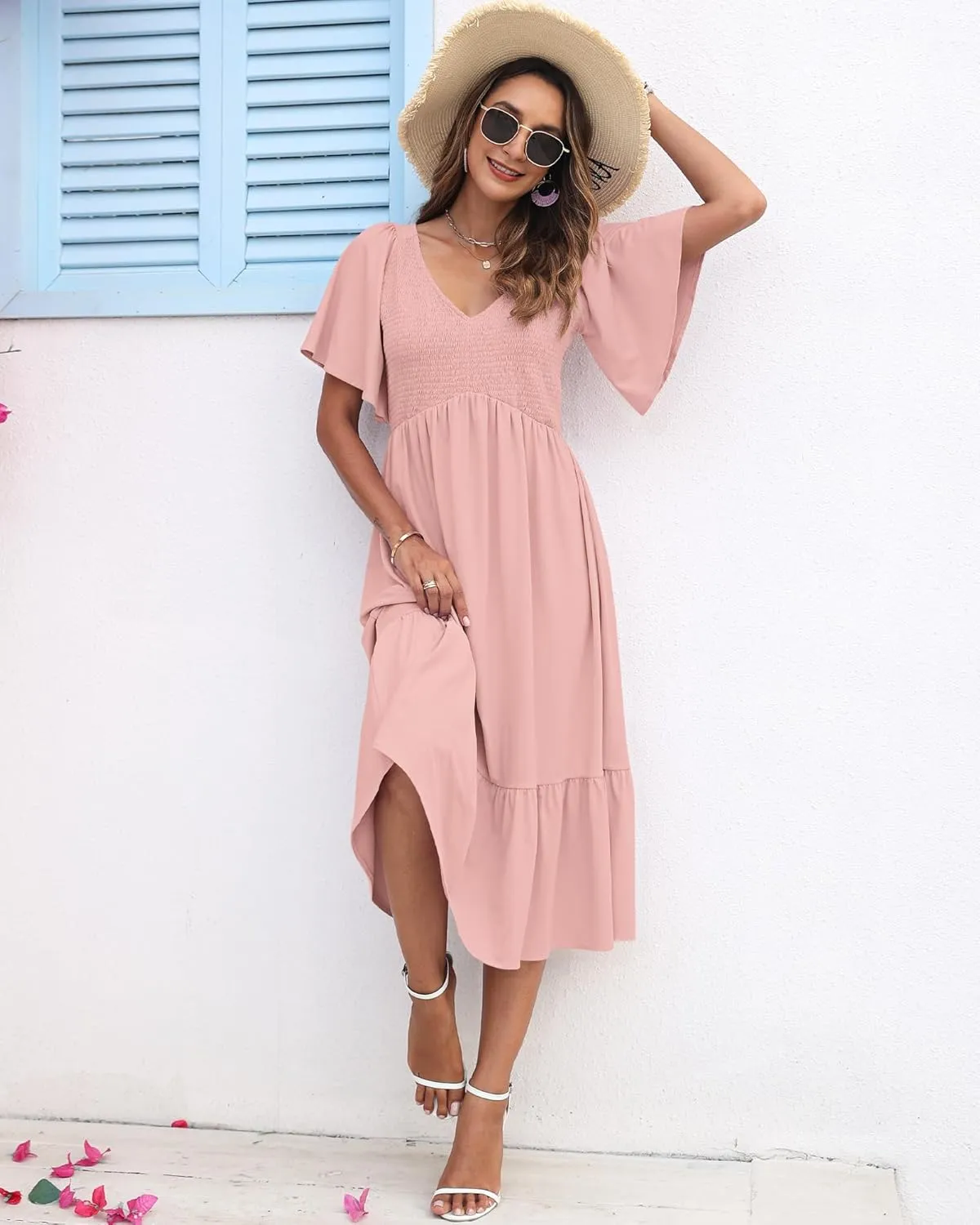 AUSELILY Women's Summer Empire Waist Dress Smocked Flutter Short Sleeve V Neck Midi Dresses 2025 New