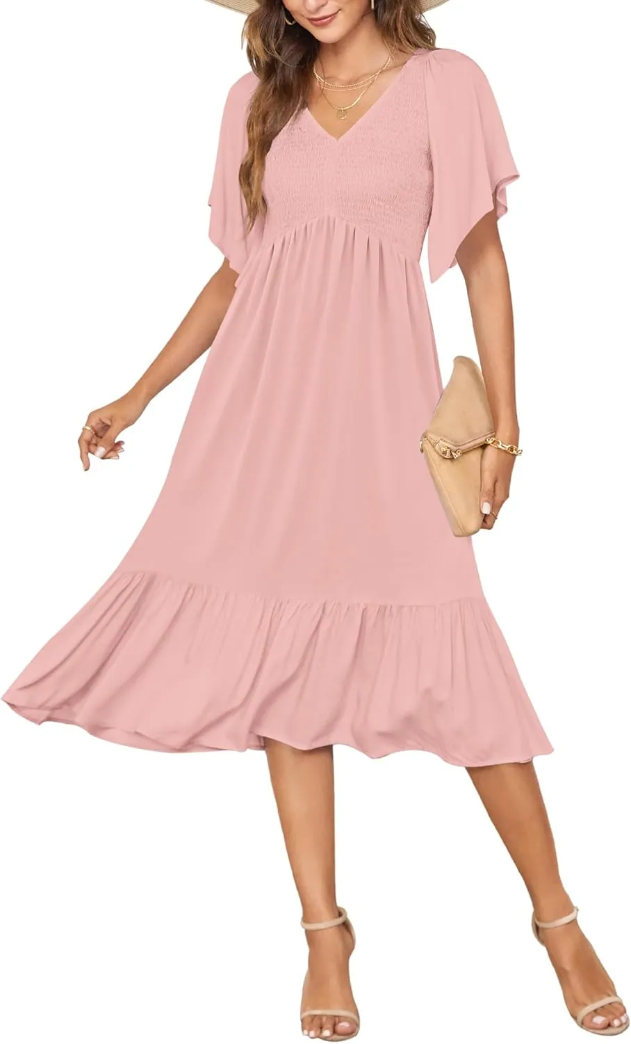 AUSELILY Women's Summer Empire Waist Dress Smocked Flutter Short Sleeve V Neck Midi Dresses 2025 New