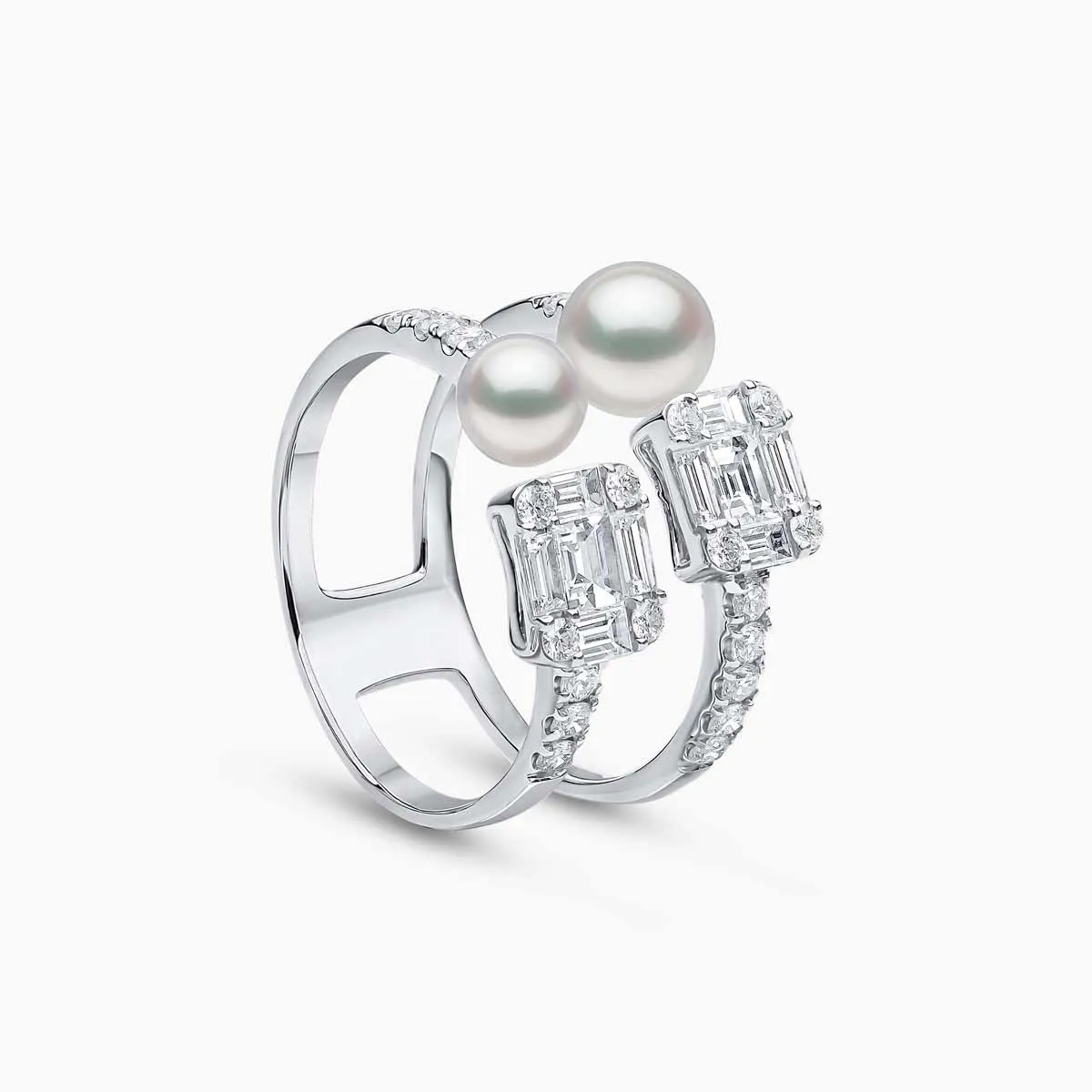 Baby Glitz 18K Gold Akoya Pearl and Baguette-Cut Diamond Open Ring