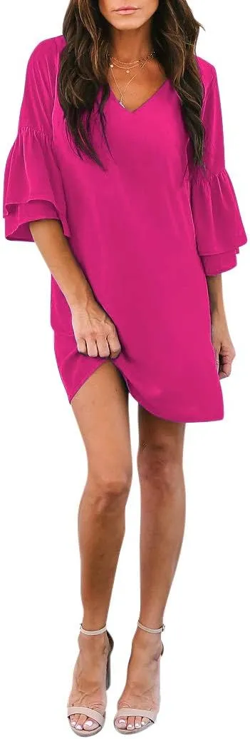 BELONGSCI Women's 2025 Summer Dress Sweet & Cute V-Neck Bell Sleeve Mini Shift Dress, Perfect for Wedding or Graduation