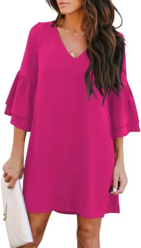 BELONGSCI Women's 2025 Summer Dress Sweet & Cute V-Neck Bell Sleeve Mini Shift Dress, Perfect for Wedding or Graduation