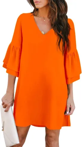 BELONGSCI Women's 2025 Summer Dress Sweet & Cute V-Neck Bell Sleeve Mini Shift Dress, Perfect for Wedding or Graduation