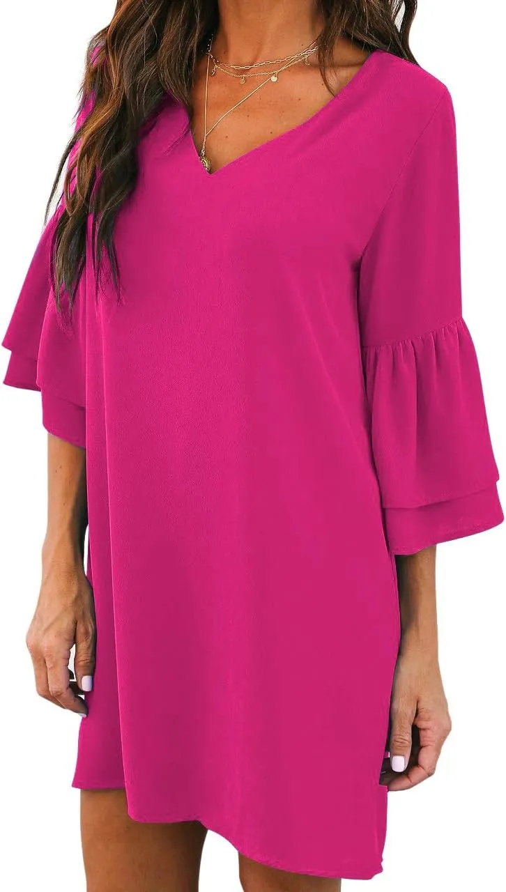 BELONGSCI Women's 2025 Summer Dress Sweet & Cute V-Neck Bell Sleeve Mini Shift Dress, Perfect for Wedding or Graduation