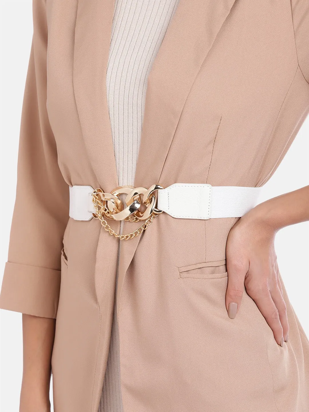 Berrylush Women White Elastic Strap Golden Double Chain Buckle Belt
