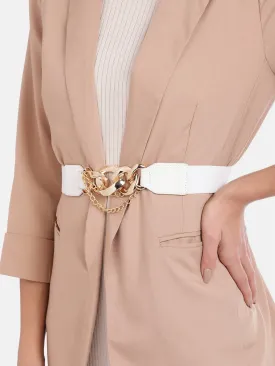 Berrylush Women White Elastic Strap Golden Double Chain Buckle Belt