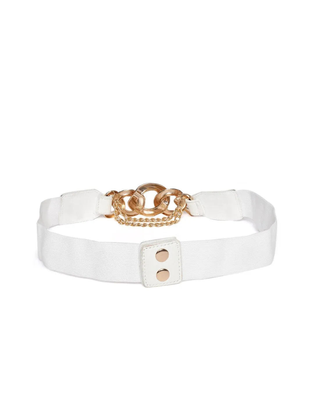 Berrylush Women White Elastic Strap Golden Double Chain Buckle Belt