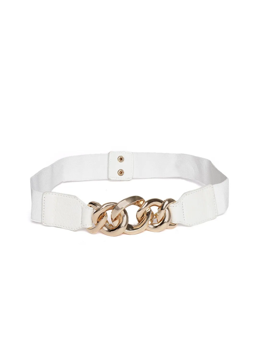 Berrylush Women White Elastic Strap Golden Double Chain Buckle Belt