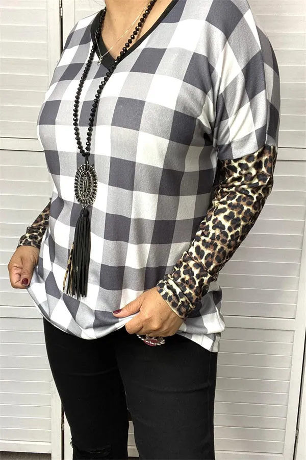 BQ11648 Checked V-neckline leopard printed tighten long sleeve women tops