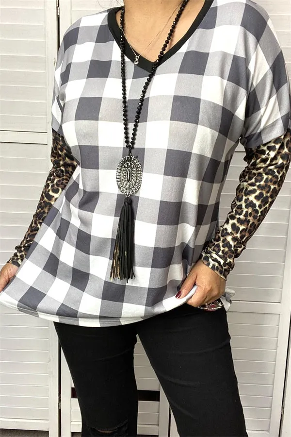 BQ11648 Checked V-neckline leopard printed tighten long sleeve women tops