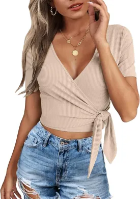 Crop Tops for Women Summer Cute Tops with Deep V Neck Shirts Sexy Unique Cross Wrap Slim Fit Tie Up Front Short Sleeve