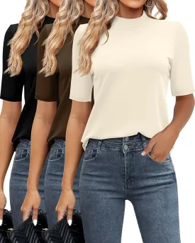 Ficerd 3 Pack Women's Mock Turtleneck Shirts, Half Short Sleeve Tops Dressy Casual High Mock Neck T Shirt Summer Basic Blouse