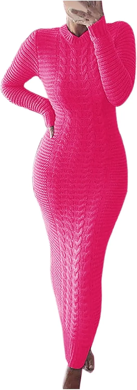 HGps8w Women's Sexy Long Sleeve Sweater Dress Crewneck Cable Knit Bodycon Maxi Dresses Slim Fit Pullover Jumpers