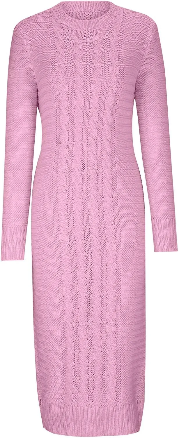 HGps8w Women's Sexy Long Sleeve Sweater Dress Crewneck Cable Knit Bodycon Maxi Dresses Slim Fit Pullover Jumpers