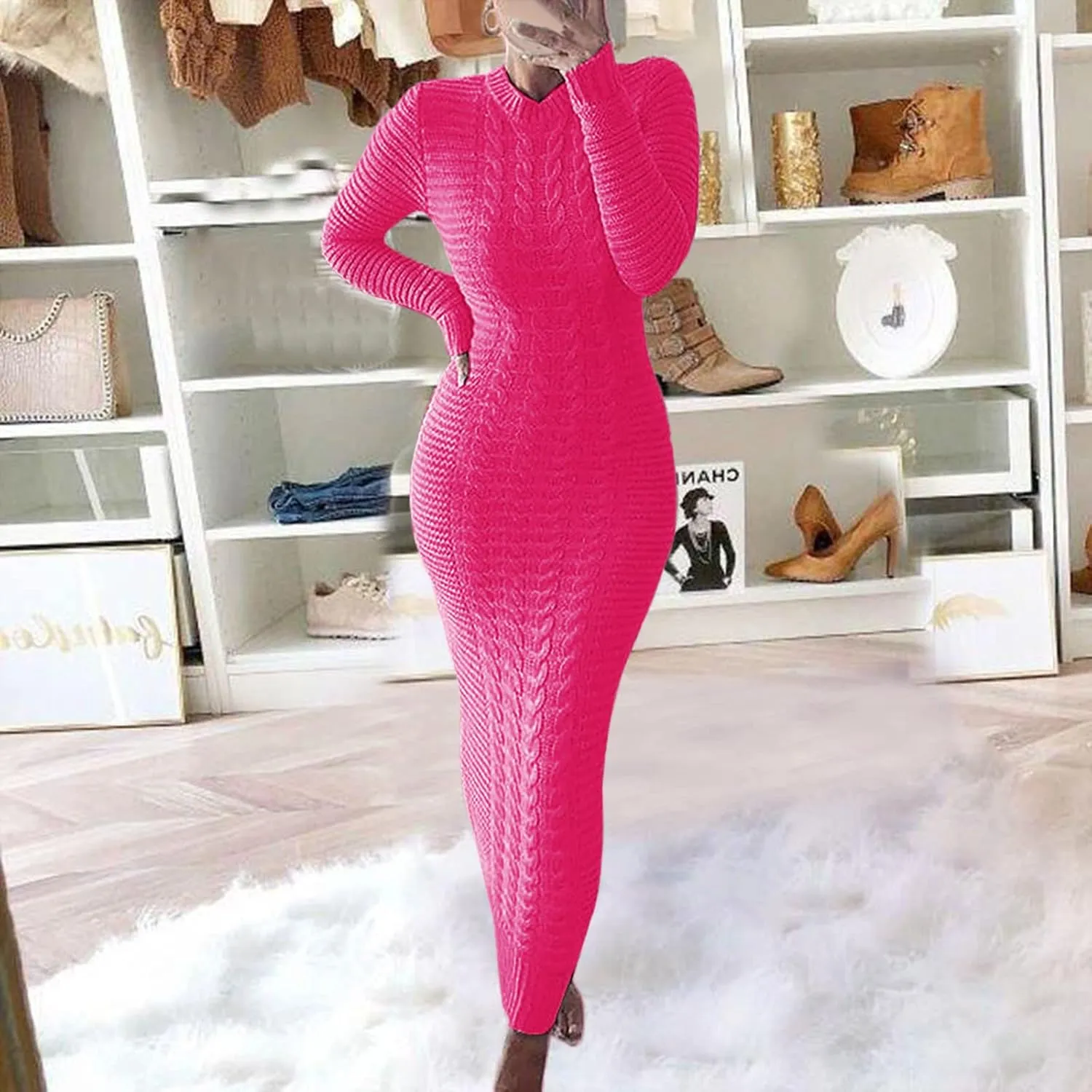 HGps8w Women's Sexy Long Sleeve Sweater Dress Crewneck Cable Knit Bodycon Maxi Dresses Slim Fit Pullover Jumpers