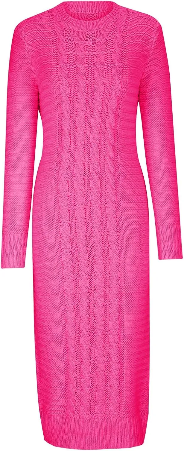 HGps8w Women's Sexy Long Sleeve Sweater Dress Crewneck Cable Knit Bodycon Maxi Dresses Slim Fit Pullover Jumpers