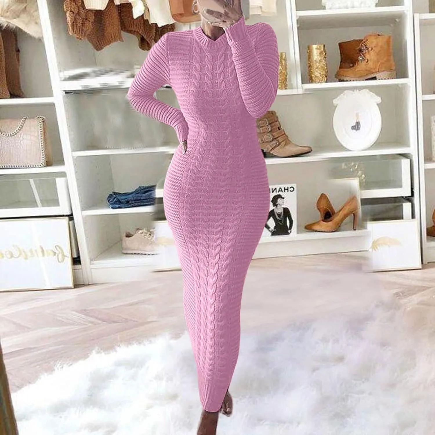 HGps8w Women's Sexy Long Sleeve Sweater Dress Crewneck Cable Knit Bodycon Maxi Dresses Slim Fit Pullover Jumpers