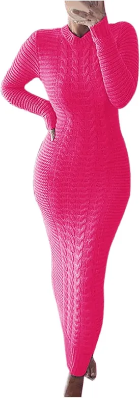 HGps8w Women's Sexy Long Sleeve Sweater Dress Crewneck Cable Knit Bodycon Maxi Dresses Slim Fit Pullover Jumpers