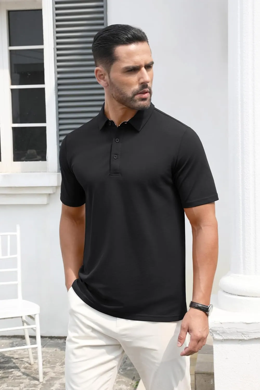 MAGCOMSEN Men's Polo Shirts Short Sleeve Cotton Pique 3 Button Classic Fit Casual T-Shirt Performance Golf Shirts